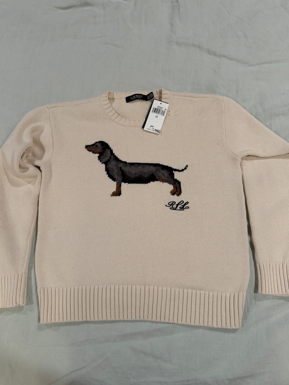 Lauren Ralph Lauren Cream Crewneck Sweater with Dachshund Intarsia